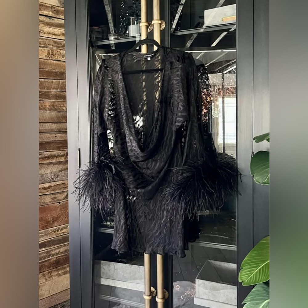 Elegant Black Feathered Mini Dress animal print